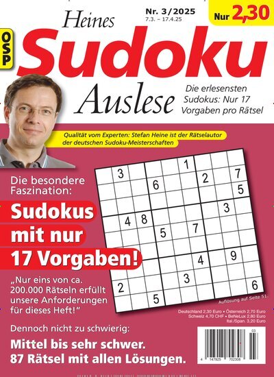 Titelbild der Ausgabe 3/2025 von Heines Sudoku Auslese. Diese Zeitschrift und viele weitere Groschenromane und Rätselhefte als Abo oder epaper bei United Kiosk online kaufen.