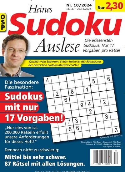 Titelbild der Ausgabe 10/2024 von Heines Sudoku Auslese. Diese Zeitschrift und viele weitere Groschenromane und Rätselhefte als Abo oder epaper bei United Kiosk online kaufen.