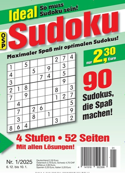 Titelbild der Ausgabe 1/2025 von Ideal Sudoku. Diese Zeitschrift und viele weitere Groschenromane und Rätselhefte als Abo oder epaper bei United Kiosk online kaufen.