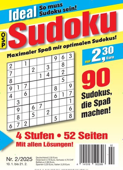 Titelbild der Ausgabe 2/2025 von Ideal Sudoku. Diese Zeitschrift und viele weitere Groschenromane und Rätselhefte als Abo oder epaper bei United Kiosk online kaufen.