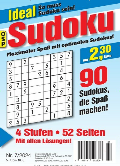 Titelbild der Ausgabe 7/2024 von Ideal Sudoku. Diese Zeitschrift und viele weitere Groschenromane und Rätselhefte als Abo oder epaper bei United Kiosk online kaufen.