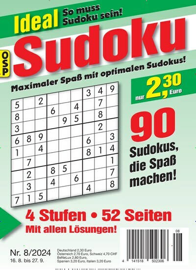 Titelbild der Ausgabe 8/2024 von Ideal Sudoku. Diese Zeitschrift und viele weitere Groschenromane und Rätselhefte als Abo oder epaper bei United Kiosk online kaufen.