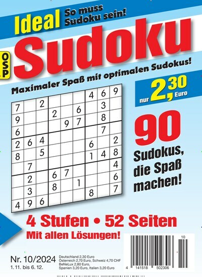 Titelbild der Ausgabe 10/2024 von Ideal Sudoku. Diese Zeitschrift und viele weitere Groschenromane und Rätselhefte als Abo oder epaper bei United Kiosk online kaufen.