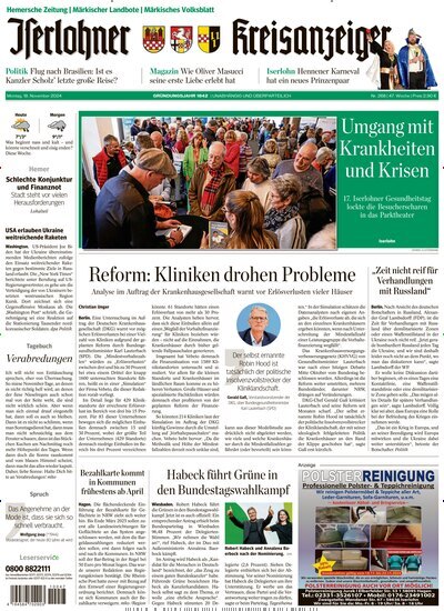 Titelbild der Ausgabe 270/2024 von Iserlohner Kreisanzeiger und Zeitung. Diese Zeitschrift und viele weitere Zeitungsabos als Abo oder epaper bei United Kiosk online kaufen.