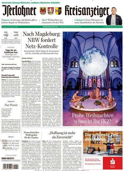 Titelbild der Ausgabe 301/2024 von Iserlohner Kreisanzeiger und Zeitung. Diese Zeitschrift und viele weitere Zeitungsabos als Abo oder epaper bei United Kiosk online kaufen.