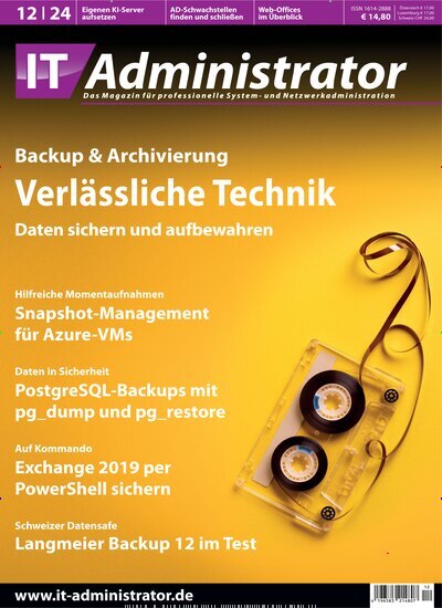 Titelbild der Ausgabe 12/2024 von IT Administrator. Diese Zeitschrift und viele weitere Computerzeitschriften, Tabletmagazine und Smartphonemagazine als Abo oder epaper bei United Kiosk online kaufen.