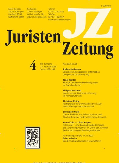 Titelbild der Ausgabe 4/2025 von JuristenZeitung (JZ). Diese Zeitschrift und viele weitere Jurazeitschriften und Zeitschriften für Verwaltung als Abo oder epaper bei United Kiosk online kaufen.