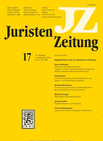 Titelbild der Ausgabe 17/2024 von JuristenZeitung (JZ). Diese Zeitschrift und viele weitere Jurazeitschriften und Zeitschriften für Verwaltung als Abo oder epaper bei United Kiosk online kaufen.