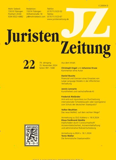 Titelbild der Ausgabe 22/2024 von JuristenZeitung (JZ). Diese Zeitschrift und viele weitere Jurazeitschriften und Zeitschriften für Verwaltung als Abo oder epaper bei United Kiosk online kaufen.