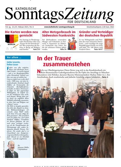 Titelbild der Ausgabe 8/2025 von Katholische Sonntagszeitung für Deutschland. Diese Zeitschrift und viele weitere Kunstmagazine und Kulturmagazine als Abo oder epaper bei United Kiosk online kaufen.