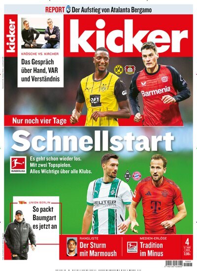 Titelbild der Ausgabe 4/2025 von kicker. Diese Zeitschrift und viele weitere Sportmagazine als Abo oder epaper bei United Kiosk online kaufen.