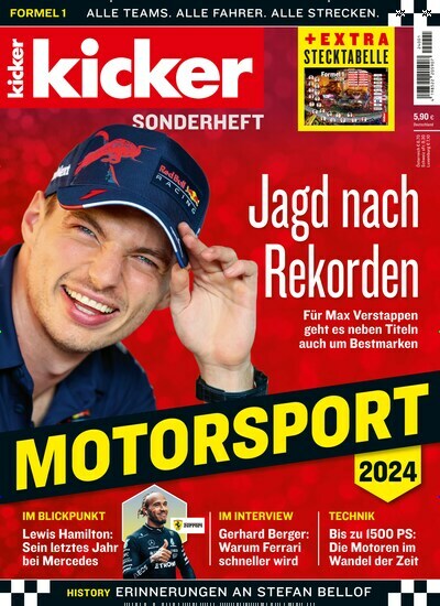 Titelbild der Ausgabe 1/2024 von kicker Formel 1 Sonderheft. Diese Zeitschrift und viele weitere Automagazine und Motorradzeitschriften als Abo oder epaper bei United Kiosk online kaufen.