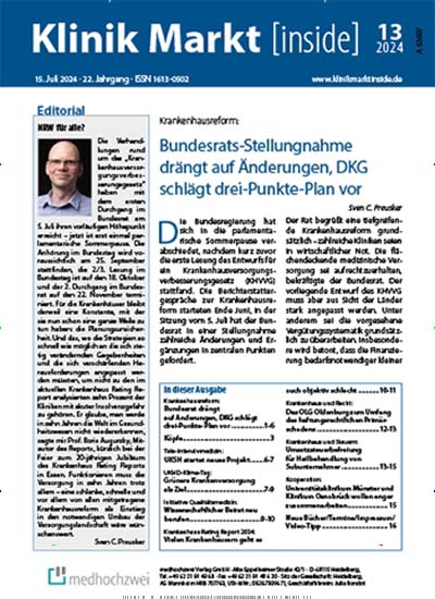 Titelbild der Ausgabe 15/2024 von KlinikMarkt inside. Diese Zeitschrift und viele weitere Pflegezeitschriften und medizinische Fachzeitschriften als Abo oder epaper bei United Kiosk online kaufen.