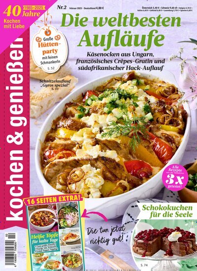 Titelbild der Ausgabe 2/2025 von kochen & genießen. Diese Zeitschrift und viele weitere Kochzeitschriften und Backzeitschriften als Abo oder epaper bei United Kiosk online kaufen.