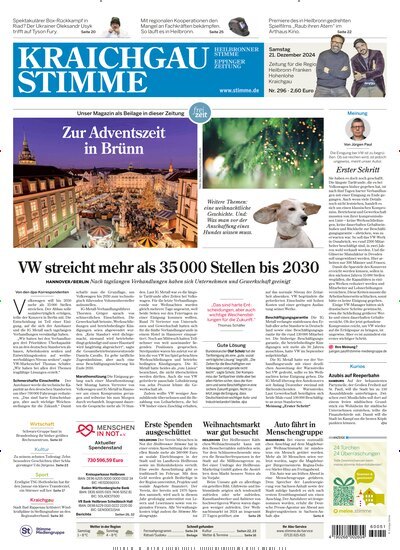 Titelbild der Ausgabe 296/2024 von Kraichgau Stimme. Diese Zeitschrift und viele weitere Zeitungsabos als Abo oder epaper bei United Kiosk online kaufen.