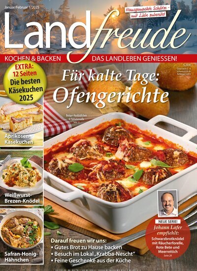 Titelbild der Ausgabe 1/2025 von Landfreude. Diese Zeitschrift und viele weitere Kochzeitschriften und Backzeitschriften als Abo oder epaper bei United Kiosk online kaufen.