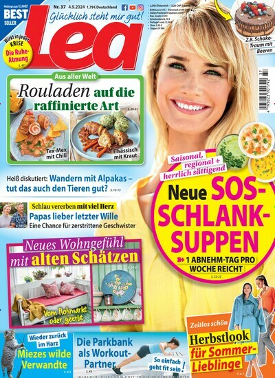 Titelbild der Ausgabe 37/2024 von Lea. Diese Zeitschrift und viele weitere Frauenzeitschriften als Abo oder epaper bei United Kiosk online kaufen.