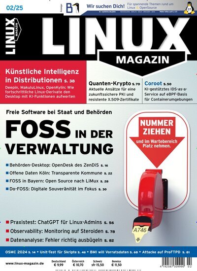 Titelbild der Ausgabe 2/2025 von Linux Magazin. Diese Zeitschrift und viele weitere Computerzeitschriften, Tabletmagazine und Smartphonemagazine als Abo oder epaper bei United Kiosk online kaufen.