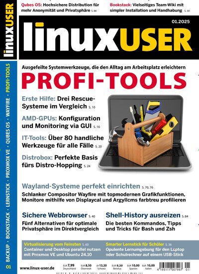 Titelbild der Ausgabe 1/2025 von LinuxUser. Diese Zeitschrift und viele weitere Computerzeitschriften, Tabletmagazine und Smartphonemagazine als Abo oder epaper bei United Kiosk online kaufen.