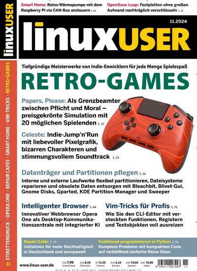 Titelbild der Ausgabe 11/2024 von LinuxUser. Diese Zeitschrift und viele weitere Computerzeitschriften, Tabletmagazine und Smartphonemagazine als Abo oder epaper bei United Kiosk online kaufen.