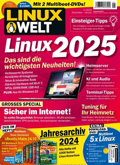 Titelbild der Ausgabe 1/2025 von LinuxWelt. Diese Zeitschrift und viele weitere Computerzeitschriften, Tabletmagazine und Smartphonemagazine als Abo oder epaper bei United Kiosk online kaufen.