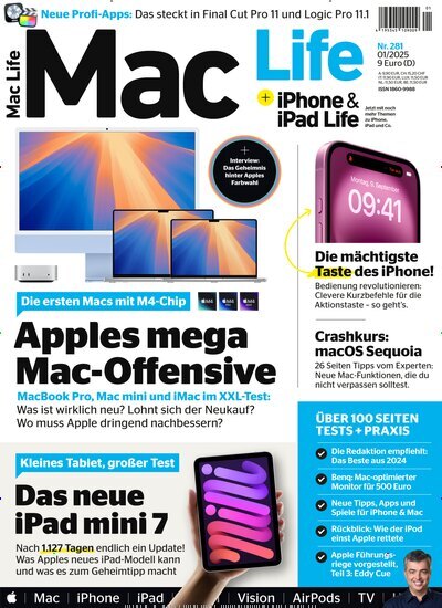 Titelbild der Ausgabe 1/2025 von Mac Life. Diese Zeitschrift und viele weitere Computerzeitschriften, Tabletmagazine und Smartphonemagazine als Abo oder epaper bei United Kiosk online kaufen.