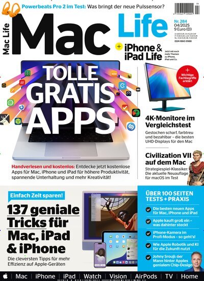 Titelbild der Ausgabe 4/2025 von Mac Life. Diese Zeitschrift und viele weitere Computerzeitschriften, Tabletmagazine und Smartphonemagazine als Abo oder epaper bei United Kiosk online kaufen.