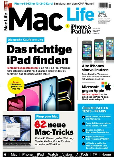 Titelbild der Ausgabe 10/2024 von Mac Life. Diese Zeitschrift und viele weitere Computerzeitschriften, Tabletmagazine und Smartphonemagazine als Abo oder epaper bei United Kiosk online kaufen.