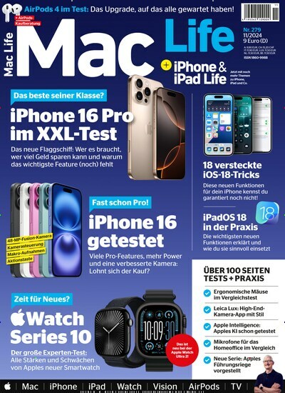 Titelbild der Ausgabe 11/2024 von Mac Life. Diese Zeitschrift und viele weitere Computerzeitschriften, Tabletmagazine und Smartphonemagazine als Abo oder epaper bei United Kiosk online kaufen.