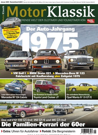 Titelbild der Ausgabe 1/2025 von Motor Klassik. Diese Zeitschrift und viele weitere Automagazine und Motorradzeitschriften als Abo oder epaper bei United Kiosk online kaufen.