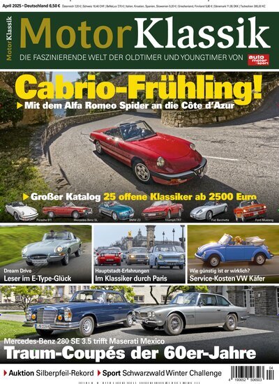 Titelbild der Ausgabe 4/2025 von Motor Klassik. Diese Zeitschrift und viele weitere Automagazine und Motorradzeitschriften als Abo oder epaper bei United Kiosk online kaufen.