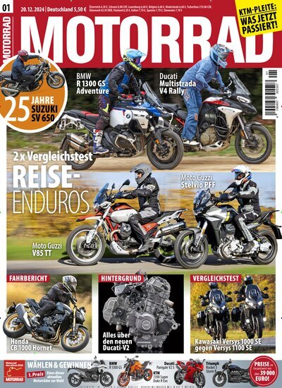 Titelbild der Ausgabe 1/2025 von Motorrad. Diese Zeitschrift und viele weitere Automagazine und Motorradzeitschriften als Abo oder epaper bei United Kiosk online kaufen.