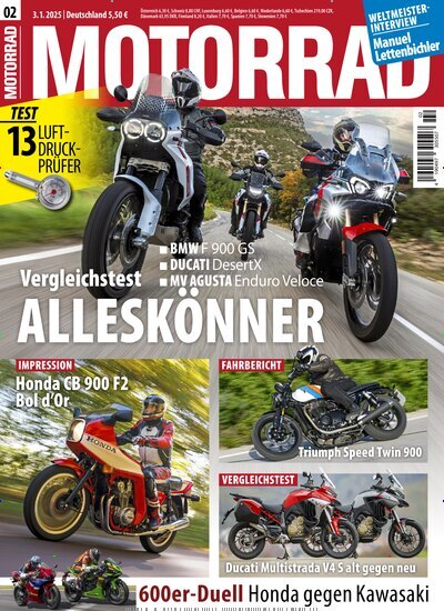 Titelbild der Ausgabe 2/2025 von Motorrad. Diese Zeitschrift und viele weitere Automagazine und Motorradzeitschriften als Abo oder epaper bei United Kiosk online kaufen.