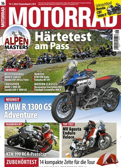 Titelbild der Ausgabe 16/2024 von Motorrad. Diese Zeitschrift und viele weitere Automagazine und Motorradzeitschriften als Abo oder epaper bei United Kiosk online kaufen.