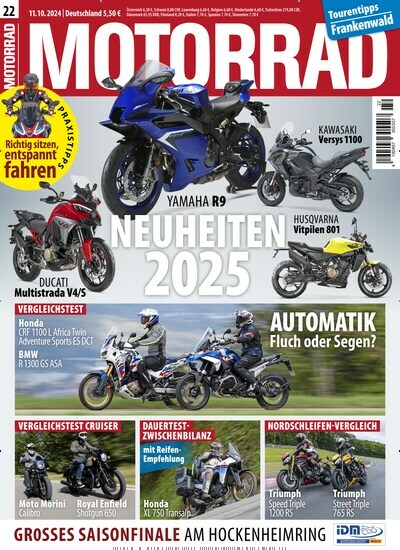 Titelbild der Ausgabe 22/2024 von Motorrad. Diese Zeitschrift und viele weitere Automagazine und Motorradzeitschriften als Abo oder epaper bei United Kiosk online kaufen.