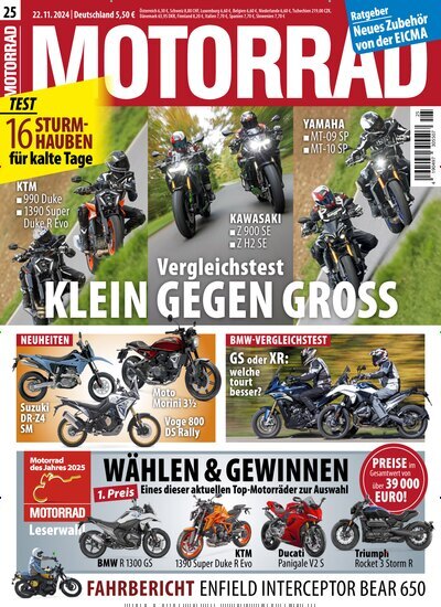 Titelbild der Ausgabe 25/2024 von Motorrad. Diese Zeitschrift und viele weitere Automagazine und Motorradzeitschriften als Abo oder epaper bei United Kiosk online kaufen.