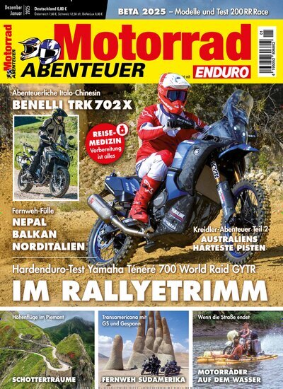 Titelbild der Ausgabe 1/2025 von Motorrad ABENTEUER. Diese Zeitschrift und viele weitere Automagazine und Motorradzeitschriften als Abo oder epaper bei United Kiosk online kaufen.