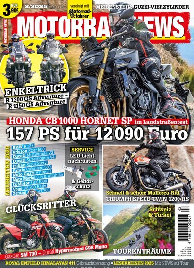 Titelbild der Ausgabe 2/2025 von Motorrad News. Diese Zeitschrift und viele weitere Automagazine und Motorradzeitschriften als Abo oder epaper bei United Kiosk online kaufen.