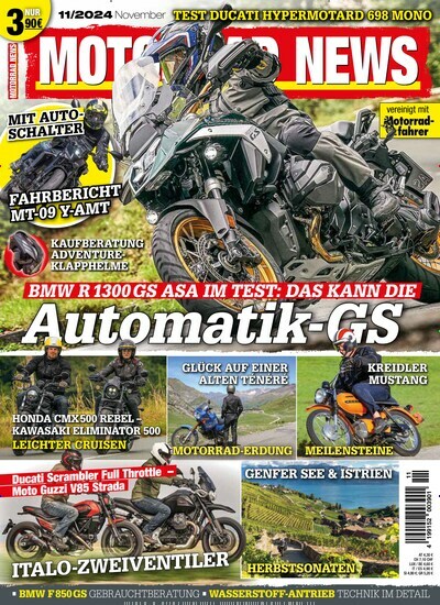 Titelbild der Ausgabe 11/2024 von Motorrad News. Diese Zeitschrift und viele weitere Automagazine und Motorradzeitschriften als Abo oder epaper bei United Kiosk online kaufen.