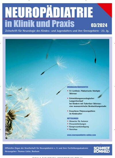 Titelbild der Ausgabe 3/2024 von Neuropädiatrie in Klinik und Praxis. Diese Zeitschrift und viele weitere Pflegezeitschriften und medizinische Fachzeitschriften als Abo oder epaper bei United Kiosk online kaufen.