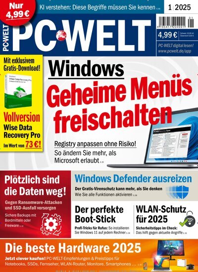 Titelbild der Ausgabe 1/2025 von PC Welt. Diese Zeitschrift und viele weitere Computerzeitschriften, Tabletmagazine und Smartphonemagazine als Abo oder epaper bei United Kiosk online kaufen.