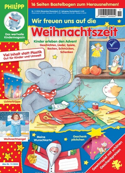 Titelbild der Ausgabe 11/2024 von Philipp die Maus. Diese Zeitschrift und viele weitere Jugendzeitschriften und Kinderzeitschriften als Abo oder epaper bei United Kiosk online kaufen.