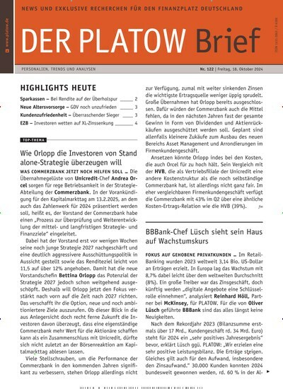 Titelbild der Ausgabe 122/2024 von PLATOW Brief. Diese Zeitschrift und viele weitere Businessmagazine als Abo oder epaper bei United Kiosk online kaufen.