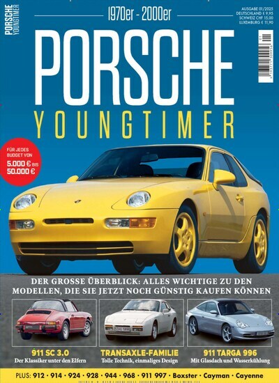 Titelbild der Ausgabe 1/2025 von Porsche Youngtimer. Diese Zeitschrift und viele weitere Automagazine und Motorradzeitschriften als Abo oder epaper bei United Kiosk online kaufen.