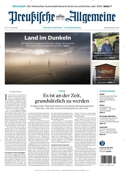 Titelbild der Ausgabe 2/2025 von Preußische Allgemeine Zeitung. Diese Zeitschrift und viele weitere Zeitungsabos als Abo oder epaper bei United Kiosk online kaufen.