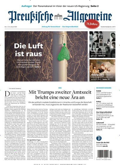 Titelbild der Ausgabe 4/2025 von Preußische Allgemeine Zeitung. Diese Zeitschrift und viele weitere Zeitungsabos als Abo oder epaper bei United Kiosk online kaufen.