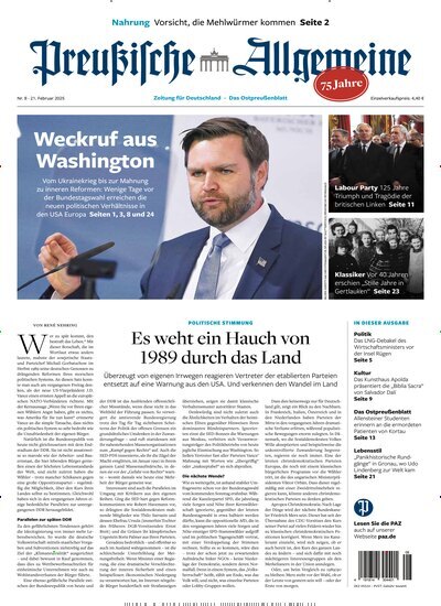 Titelbild der Ausgabe 8/2025 von Preußische Allgemeine Zeitung. Diese Zeitschrift und viele weitere Zeitungsabos als Abo oder epaper bei United Kiosk online kaufen.