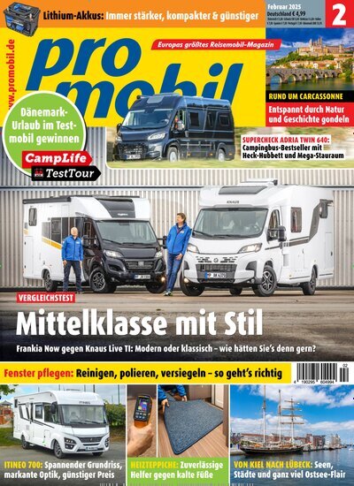 Titelbild der Ausgabe 2/2025 von promobil. Diese Zeitschrift und viele weitere Automagazine und Motorradzeitschriften als Abo oder epaper bei United Kiosk online kaufen.