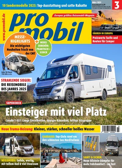 Titelbild der Ausgabe 3/2025 von promobil. Diese Zeitschrift und viele weitere Automagazine und Motorradzeitschriften als Abo oder epaper bei United Kiosk online kaufen.