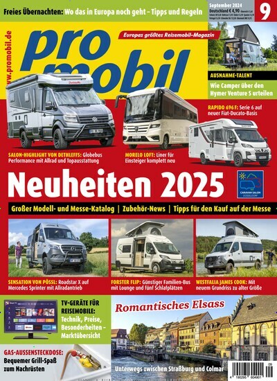 Titelbild der Ausgabe 9/2024 von promobil. Diese Zeitschrift und viele weitere Automagazine und Motorradzeitschriften als Abo oder epaper bei United Kiosk online kaufen.